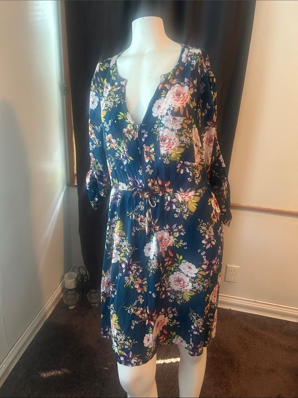 Torrid Green Floral Zip Front Bodice Tie-Waist Dress